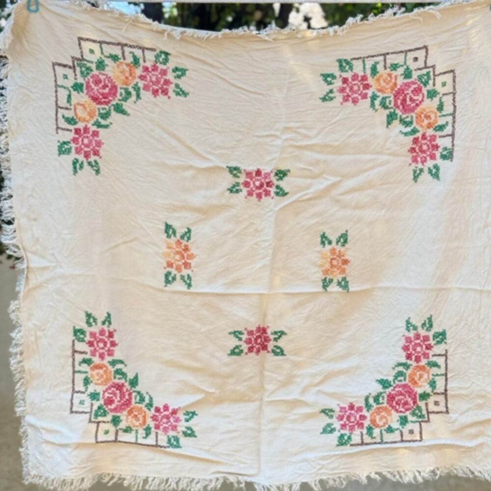 Vintage Cross Stitch Linen Table Topper 32x32 Cottagecore Primitive Farmhouse